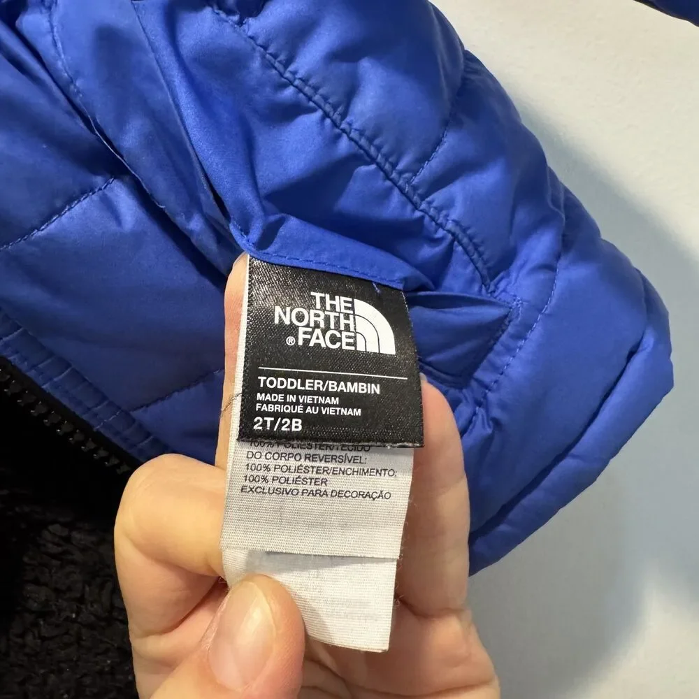 The North Face Reversible Puffer Jacket Coat Sherpa Fleece Blue Black Toddler 2T